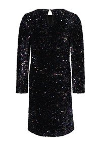 Robe noire en matériau pailleté, avec des manches longues, un col rond et un détail en forme de clé à l'arrière. Texture lisse et brillante.