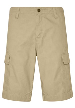 Beige cargoshorts van lichtgewicht stof, met een vlakke voorkant, zijzakken en een textuurpatroon, ontworpen voor casual draagcomfort.