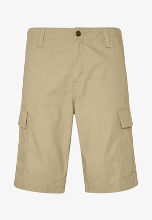 Bež sive kratke hlače od laganog materijala, s ravnim prednjim dijelom, bočnim džepovima i teksturiranim uzorkom, namijenjene za svakodnevno nošenje.