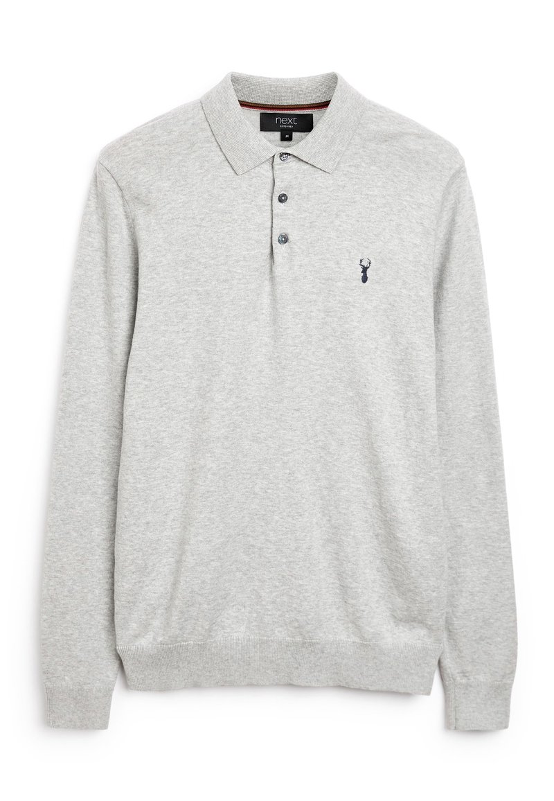 Harmaa pitkähihaisen polo-paita, valmistettu pehmeästä kankaasta, jossa on kolmen napin läpikuultava aukko ja pieni tummansininen peura-logo vasemmassa rinnassa.