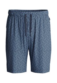 Marine zwemshorts met een geometrisch lichtblauw patroon, elastische tailleband en trekkoorden. Gemaakt van lichtgewicht, snel-drogend materiaal.