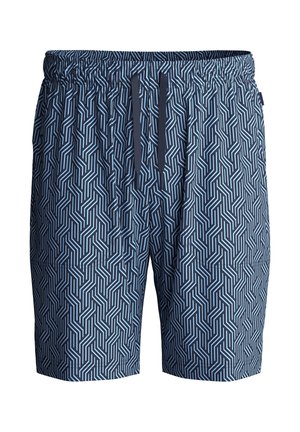 Marine zwemshorts met een geometrisch lichtblauw patroon, elastische tailleband en trekkoorden. Gemaakt van lichtgewicht, snel-drogend materiaal.