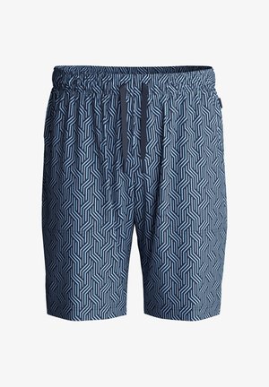 Marine zwemshorts met een geometrisch lichtblauw patroon, elastische tailleband en trekkoorden. Gemaakt van lichtgewicht, snel-drogend materiaal.