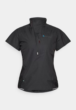 Czarny krótki top z krótkim rękawem, wysokim kołnierzem, przednią kieszenią na zamek i siateczkowymi detalami. Wykonany z lekkiego, teksturowanego materiału z subtelnymi niebieskimi akcentami.