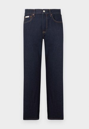 Dunkelblaue Denim-Jeans mit geradem Schnitt, einem klassischen Fünf-Taschen-Design und kontrastierenden orangen Nähten. Mit metallischem Knopfverschluss.