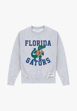 Gray sweatshirt featuring "FLORIDA GATORS" text and an alligator graphic in green and orange. Ribbed cuffs and hem; cotton blend material.