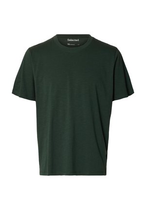 Tamnozeleni kratki rukav T-shirt od mekog materijala, s klasičnim okruglim izrezom i opuštenim krojem, s glatkom teksturom i suptilnim uzorkom.