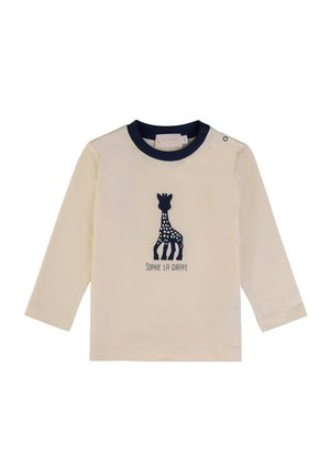 Camicia a maniche lunghe color crema con colletto blu marino, caratterizzata da una grafica di giraffa e il testo "SOPHIE LA GIRAFFE" sottostante. Realizzata in tessuto morbido e traspirante.
