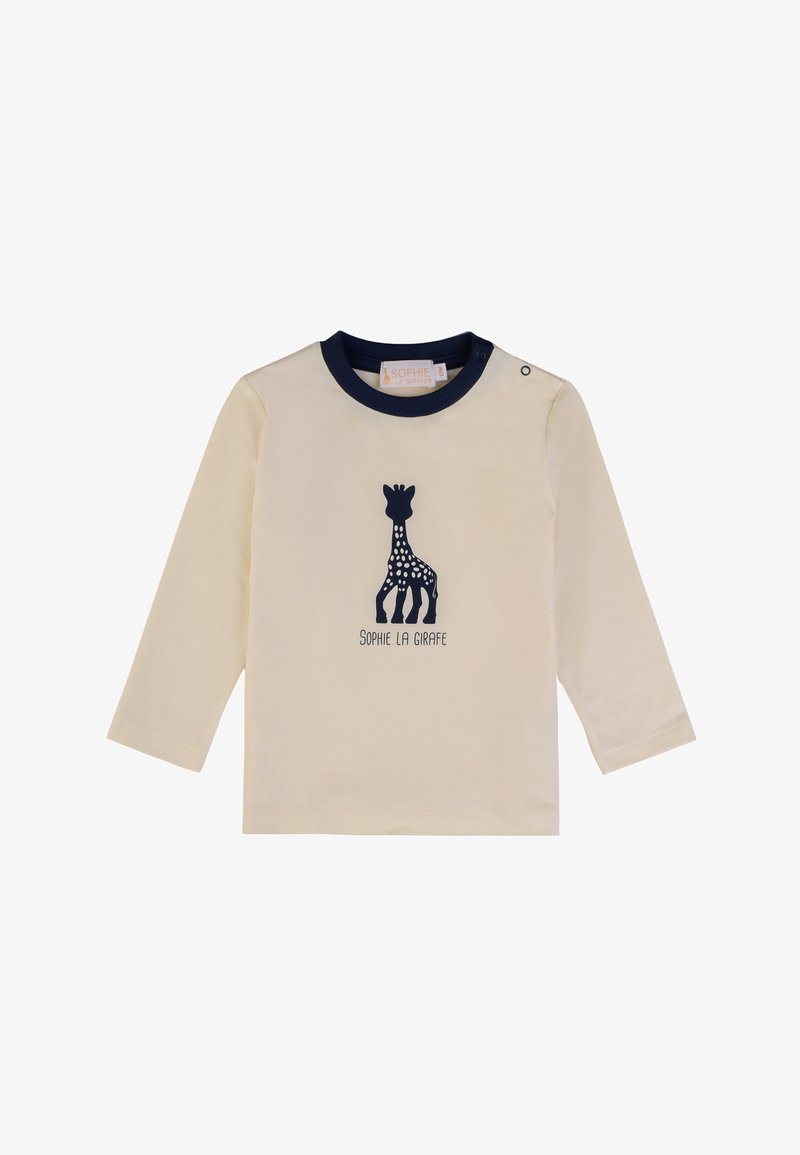 Camicia a maniche lunghe color crema con colletto blu marino, caratterizzata da una grafica di giraffa e il testo "SOPHIE LA GIRAFFE" sottostante. Realizzata in tessuto morbido e traspirante.