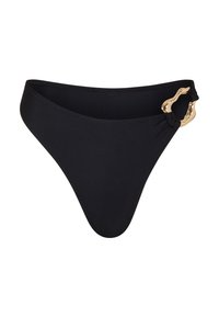 Svart bikiniunderdel i ett slätt material, med en detalj i guld på sidan och en minimalistisk, högskuren design.