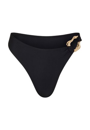 Zwarte bikinionderkant van gladde stof, met een gouden accenthardware detail aan de zijkant en een minimalistisch, hoog uitgesneden ontwerp.