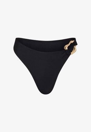 Black bikini bottom made of smooth fabric, featuring a gold accent hardware detail on the side and a minimalistic, high-cut design.