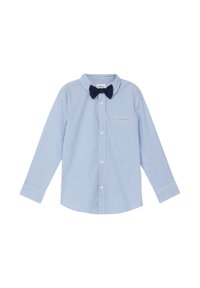 Lichtblauw en wit gestreept overhemd met lange mouwen en een button-down kraag, voorzien van een marineblauw strikje en een borstzakje.