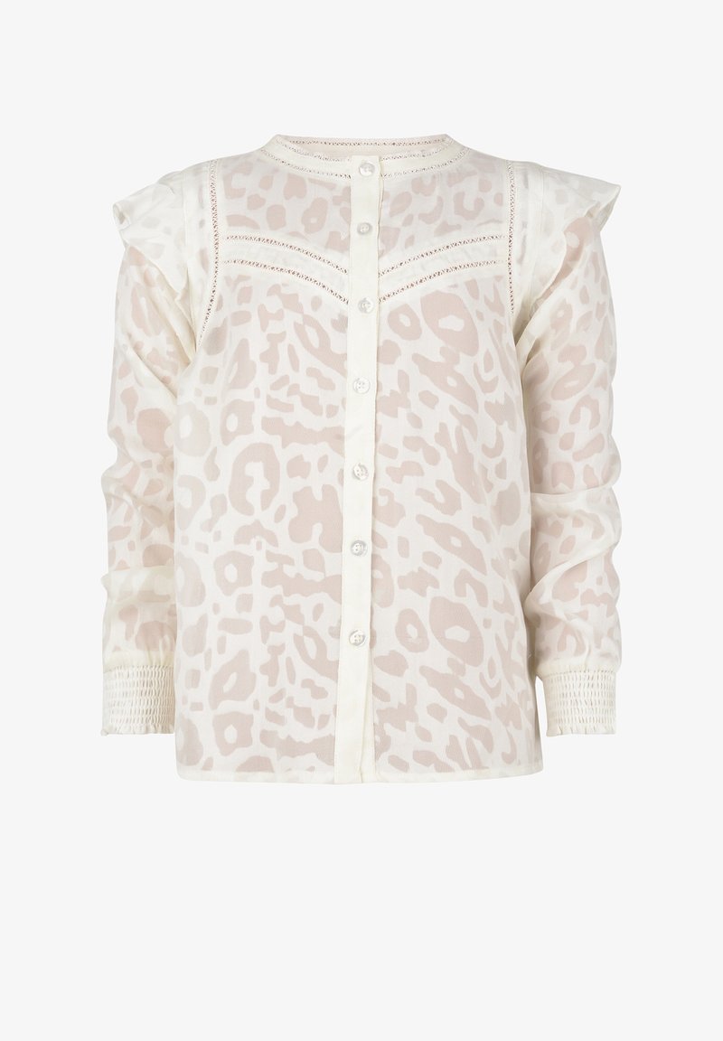 Blouse légère en crème avec un motif léopard subtil, boutons sur le devant, manches ondulées et poignets froncés pour ajouter de la texture.