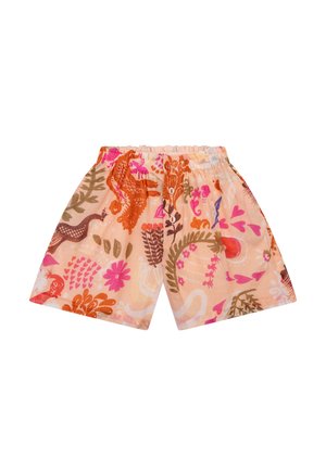 Kinderbroekjes met elastische taille en kleurrijke abstracte bloemen- en dierenpatronen in roze, oranje en groene tinten op een perzikachtige achtergrond.