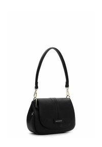 Black leather shoulder bag with a curved shape, smooth texture, and a flap closure. Features a short handle and silver hardware accents.