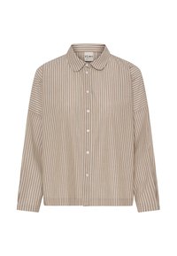 Beige langærmet skjorte med knaplukning, hvide lodrette striber og rund krave, præsenteret på en hvid baggrund.