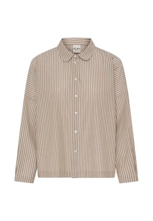 Bež srajca z dolgimi rokavi, z gumbi in belimi navpičnimi črtami ter zaobljenim ovratnikom, prikazana na beli podlagi.