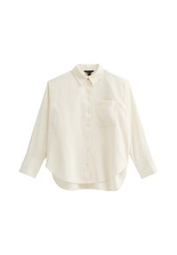 Lichtbeige overhemd met knoopsluiting, een kraag, een borstzak en lange mouwen. Zacht materiaal met een afgeronde zoom en een relaxte pasvorm.