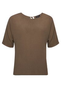 Top marrone a maniche corte con scollatura rotonda e dettaglio a forma di chiave sulla schiena. Realizzato in un tessuto leggero e testurizzato.