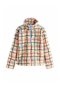 Fleece pullover with a high collar, featuring a multi-colored grid pattern in pink, blue, green, and orange on a cream background.