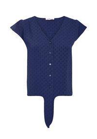 Laivastonsininen lyhythihainen paita, jossa on V-pääntie, nappisuljenta, teksturoitu kangas ja kaventunut alahelma. Sisältää hienovaraisen kuosin kauttaaltaan.