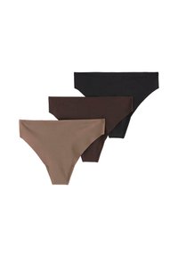 Ensemble de trois culottes sans coutures en beige clair, marron foncé et noir. Tissu extensible au toucher lisse, avec des ouvertures de jambe haute.