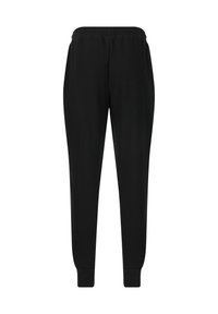 Schwarze, gerippte Sweatpants mit elastischem Bund, schmal zulaufenden Beinen und Bündchen an den Knöcheln. Sie verfügen über eine weiche Textur und ein minimalistisches Design.