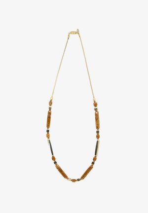 Gold-tone necklace featuring varying shapes of brown and black beads, including cylindrical and rectangular pieces, with a textured finish.