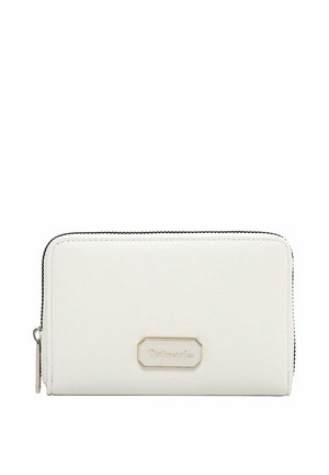 Witte portemonnee van synthetisch leer met zwarte rits, gouden beslag en een gegraveerd logoplaatje. Rechthoekige vorm met een gladde textuur.