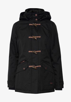 Black waterproof jacket featuring a hood, five toggle fastenings, two side pockets, and ribbed cuffs with a textured pattern.