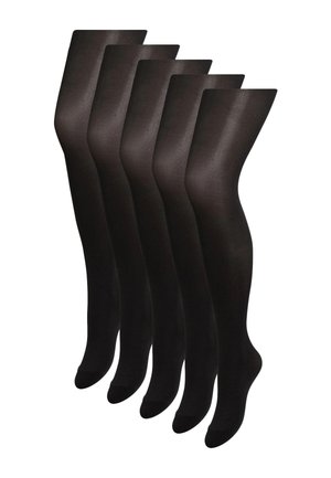 Cinq paires de collants noirs opaques unis exposées sur des mannequins en forme de jambes sur fond blanc.