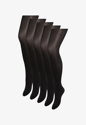 Cinq paires de collants noirs opaques unis exposées sur des mannequins en forme de jambes sur fond blanc.