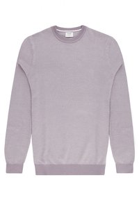 Jersey de punto color púrpura claro con un patrón texturizado, cuello redondo, puños y dobladillo acanalados. Diseño sencillo y sin adornos.