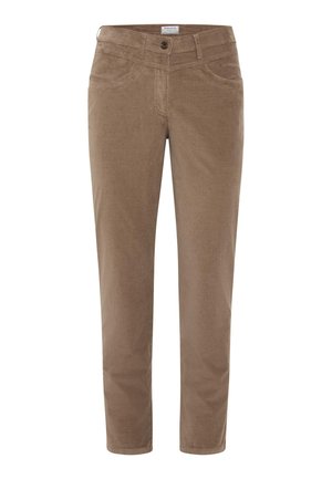 Bruine corduroy broek met een slim fit, voorzien van vijf zakken, een knoopsluiting en een subtiele textuur van verticale ribbels.
