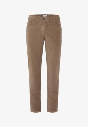 Pantaloni in corduroy marrone con vestibilità slim, dotati di cinque tasche, chiusura con bottone e una sottile texture a coste verticali.