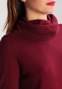 Donna che indossa un maglione a collo alto di un rosso scuro, mostrando il collo, la mandibola e il rossetto rosso, con i lunghi capelli castani raccolti.