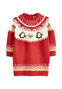 Maglione rosso lavorato a maglia con un colletto crema decorato con motivi di pinguini e renne, bordi decorati in rosa, giallo e bianco. Collo rotondo.