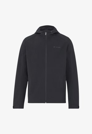 Schwarze Softshelljacke mit Kapuze, ausgestattet mit einem durchgehenden Reißverschluss, verstellbarem Kordelzug und elastischen Bündchen. Glatte Textur und minimalistische Werbung.
