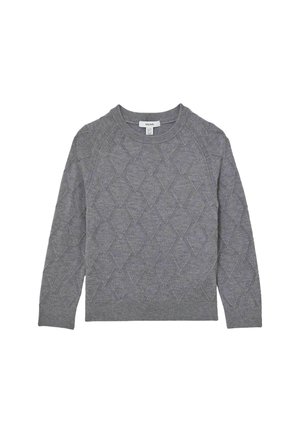 Szary sweter z fakturowanym wzorem diamentowym, okrągłym dekoltem oraz długimi raglanowymi rękawami. Wykonany z miękkiego dzianinowego materiału z prążkowanymi mankietami i brzegiem.