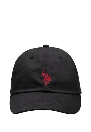 Black baseball cap with a red embroidered polo player logo centered on the front panel.