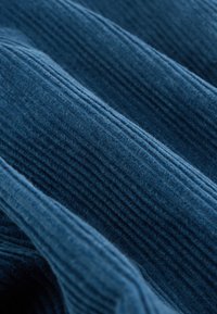 Tela de pana azul con textura acanalada. El material parece suave y esponjoso, con un patrón consistente de crestas verticales.