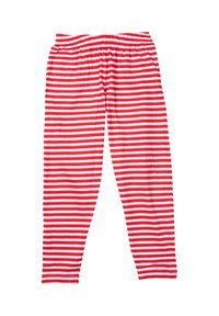 Leggings lunghi a righe orizzontali rosse e bianche con cintura elastica, stesi su uno sfondo bianco.