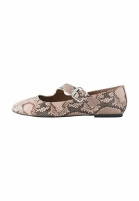 Flat shoe with a pointed toe, pink and brown snake print pattern, buckle strap across upper, and a low, flat sole.
