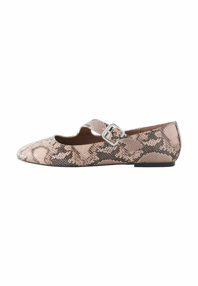 Flat shoe with a pointed toe, pink and brown snake print pattern, buckle strap across upper, and a low, flat sole.