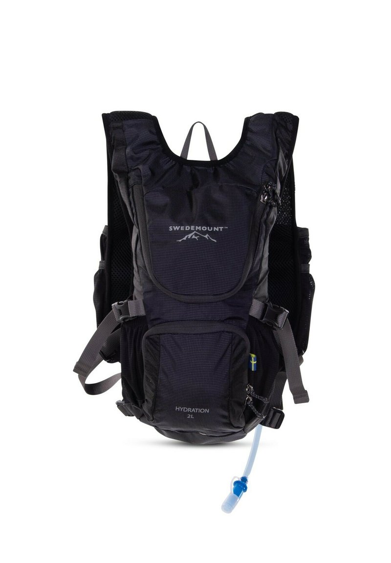 Schwarzer Hydration-Rucksack mit Netzrücken, verstellbaren Trägern und mehreren Fächern. Enthält ein Hydration-Schlauchsystem und ergonomische Designdetails.