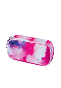Astuccio con un design ad acquerello che presenta tonalità di rosa, viola e bianco. Il materiale è tessuto con chiusura a zip. Logo del marchio incluso.