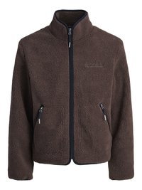 Veste en polaire marron avec un col haut, fermeture éclair intégrale, deux poches zippées et un contour noir contrastant le long des bords. Texture douce sur l'ensemble.