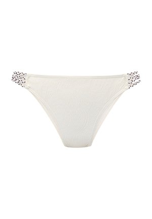White bikini bottom with subtle paisley texture and braided straps featuring a brown and white pattern on both sides.