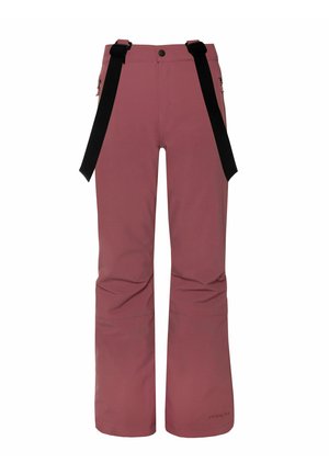 Pantaloni da sci rosa con vestibilità ampia, bretelle nere regolabili, due tasche laterali e una finitura in tessuto liscio e resistente all'acqua.